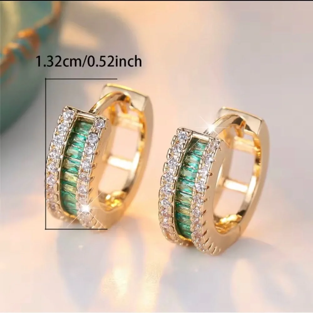 Gold Hoop Earrings with Green and Clear Stones - Women Jewelry